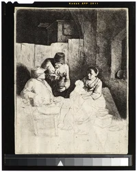 Mère et enfant avec des paysans dans une taverne